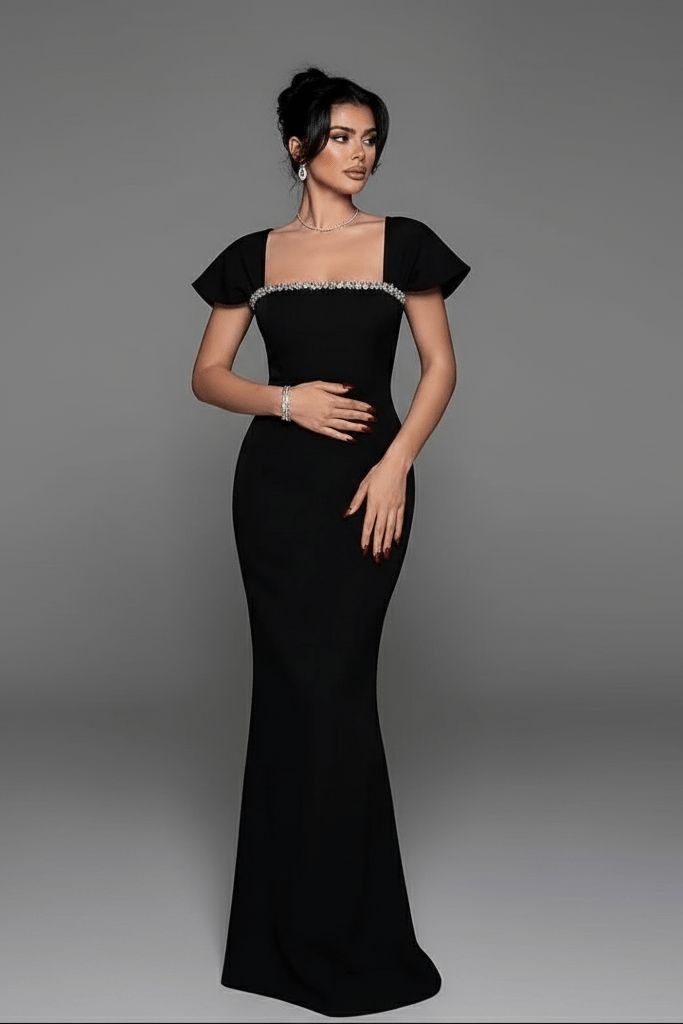 French Bandage Evening Gown by Luxe Lane | from Luxe Lane | SKU:  | Barcode:  | Options: Black XS | Woman wearing a black evening gown with sheer cap sleeves against a gray background