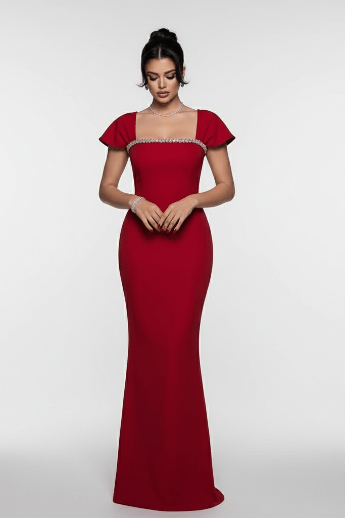 French Bandage Evening Gown by Luxe Lane | from Luxe Lane | SKU:  | Barcode:  | Options: Red XS | Woman wearing a red evening gown with cap sleeves on a white background