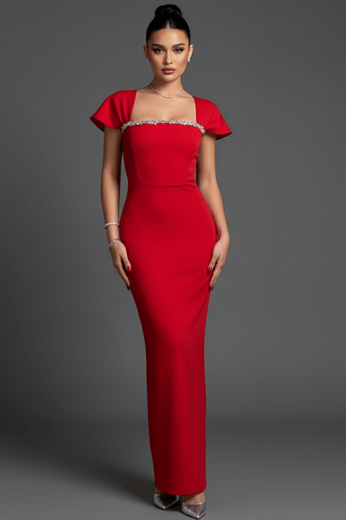 French Bandage Evening Gown by Luxe Lane | from Luxe LaneRed evening gown with short sleeves on a gray background