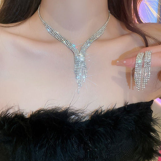 Fringe Rhinestone Necklace & Earrings Set by CJ | 0 from Luxe Lane | SKU: CJLX246751501AZ | Barcode:  | Options: Silver Set | Fringe Rhinestone Necklace & Earrings Set