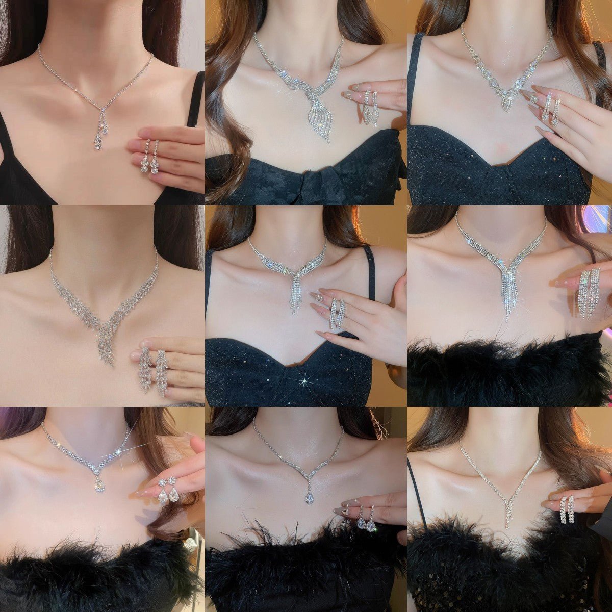 Fringe Rhinestone Necklace & Earrings Set by CJ | 0 from Luxe Lane | SKU: CJLX246751510JQ | Barcode:  | Options: Silver Set I | Fringe Rhinestone Necklace & Earrings Set