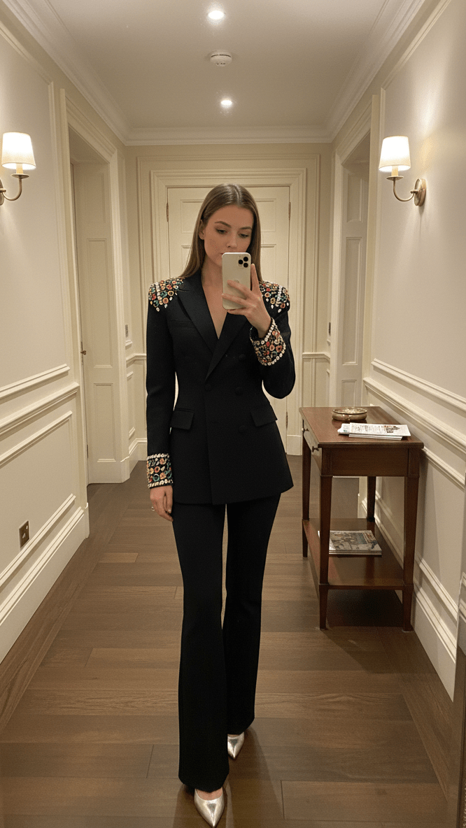 Gemstone Shoulder Tailored Long Blazer JacketOuterwearBlackS(2)Luxe Lane