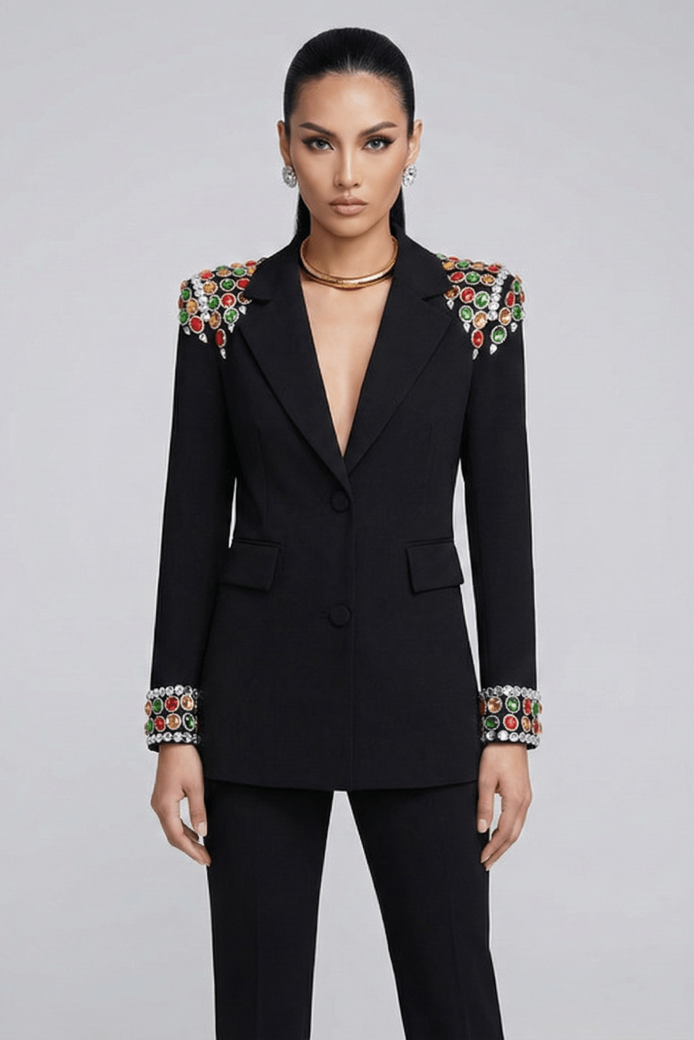 Gemstone Shoulder Tailored Long Blazer Jacket by Luxe Lane | Outerwear from Luxe Lane | SKU: -1 | Barcode:  | Options: Black S(2) | Black suit with floral embellishments on a gray background