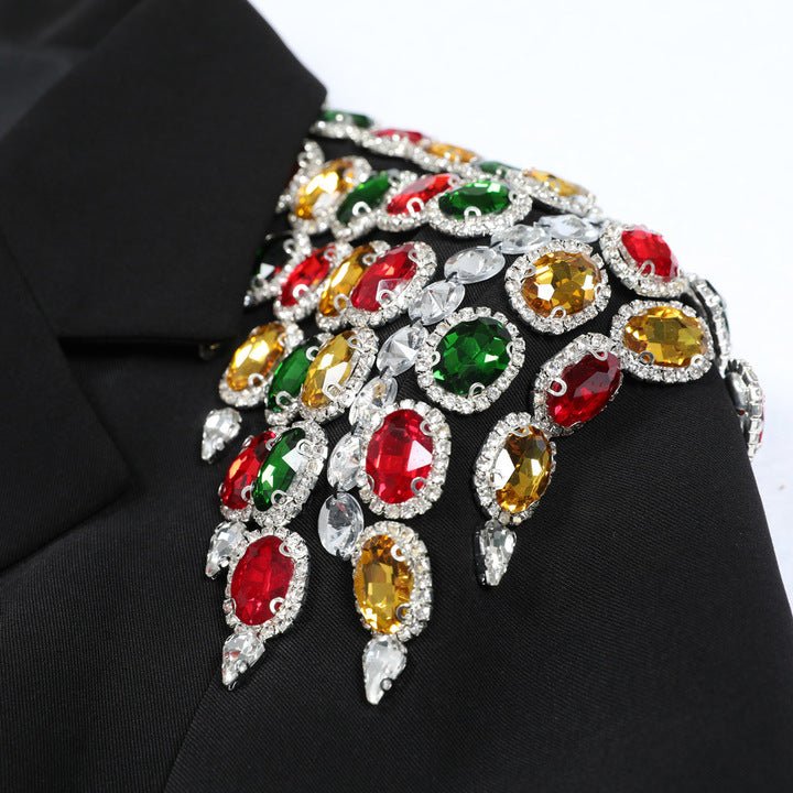 Gemstone Shoulder Tailored Long Blazer Jacket by Luxe Lane | Outerwear from Luxe Lane | SKU: -1 | Barcode:  | Options: Black S(2) | OEM Custom Luxury Black Formal Evening Party Tailored Fashion Statement Outerwear Elegant Gemstone Shoulder Women Blazer Jacket