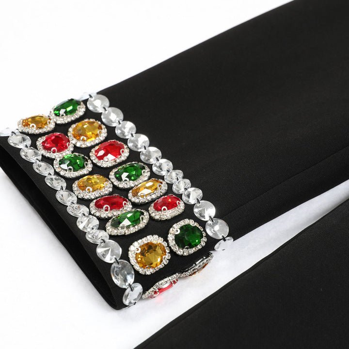 Gemstone Shoulder Tailored Long Blazer Jacket by Luxe Lane | Outerwear from Luxe Lane | SKU: -1 | Barcode:  | Options: Black S(2) | OEM Custom Luxury Black Formal Evening Party Tailored Fashion Statement Outerwear Elegant Gemstone Shoulder Women Blazer Jacket