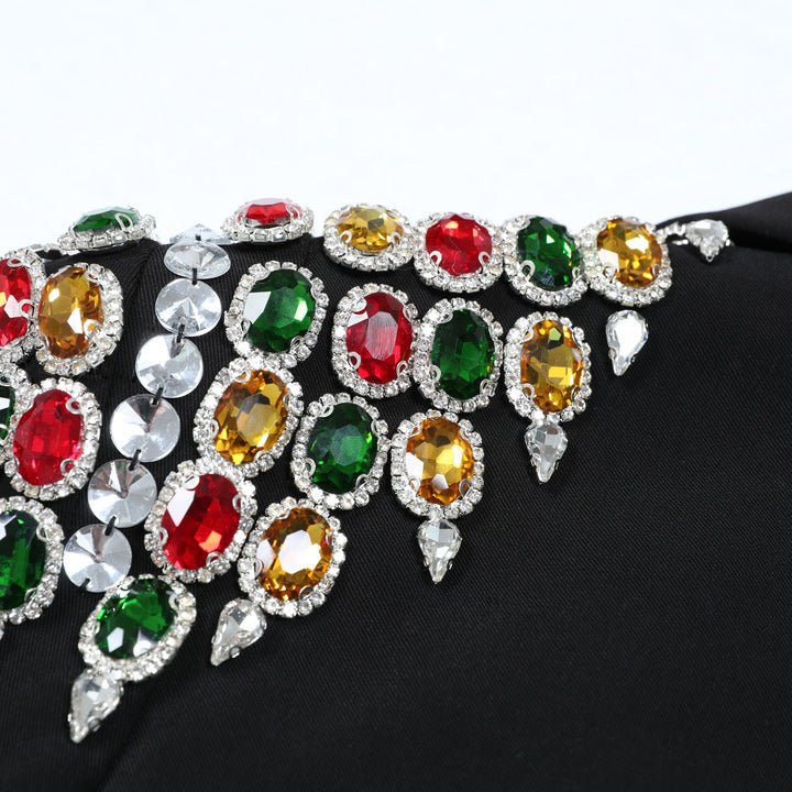 Gemstone Shoulder Tailored Long Blazer Jacket by Luxe Lane | Outerwear from Luxe Lane | SKU: -1 | Barcode:  | Options: Black S(2) | OEM Custom Luxury Black Formal Evening Party Tailored Fashion Statement Outerwear Elegant Gemstone Shoulder Women Blazer Jacket