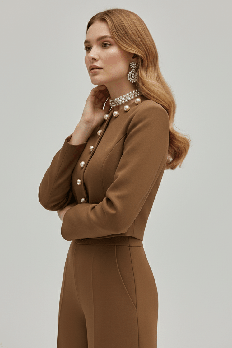 Gold Button Cropped Blazer & Flared Pants Suit SetWomen's Suit SetBrownS(6)brownLuxe Lane