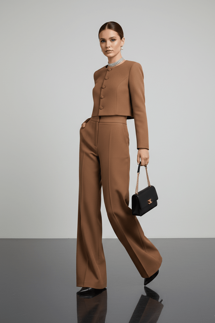 Gold Button Cropped Blazer & Flared Pants Suit SetWomen's Suit SetBrownS(6)brownLuxe Lane