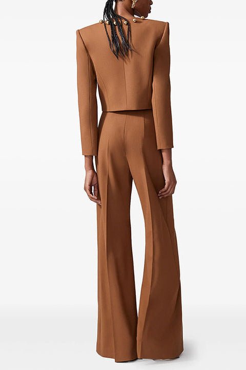 Gold Button Cropped Blazer & Flared Pants Suit SetWomen's Suit SetBrownS(6)brownLuxe Lane