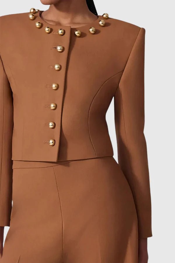Gold Button Cropped Blazer & Flared Pants Suit SetWomen's Suit SetBrownS(6)brownLuxe Lane