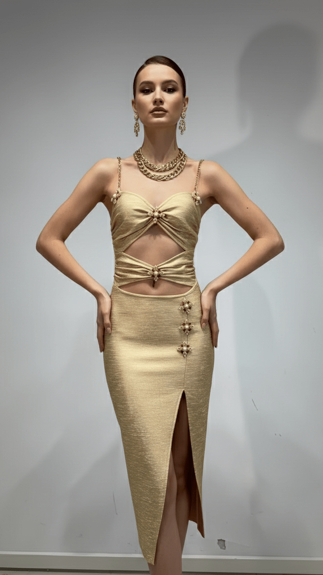 Gold Chain Strap Cutout Midi Bandage DressGoldXS(4)Luxe Lane