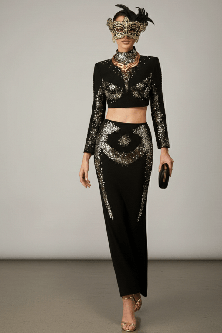 Gold Diamond Bandage Two - Piece Midi Evening SetBlackS(6)Luxe Lane