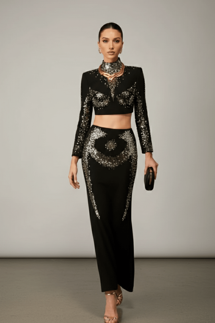 Gold Diamond Bandage Two - Piece Midi Evening SetBlackS(6)Luxe Lane