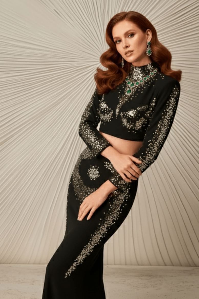 Gold Diamond Bandage Two - Piece Midi Evening SetBlackS(6)Luxe Lane