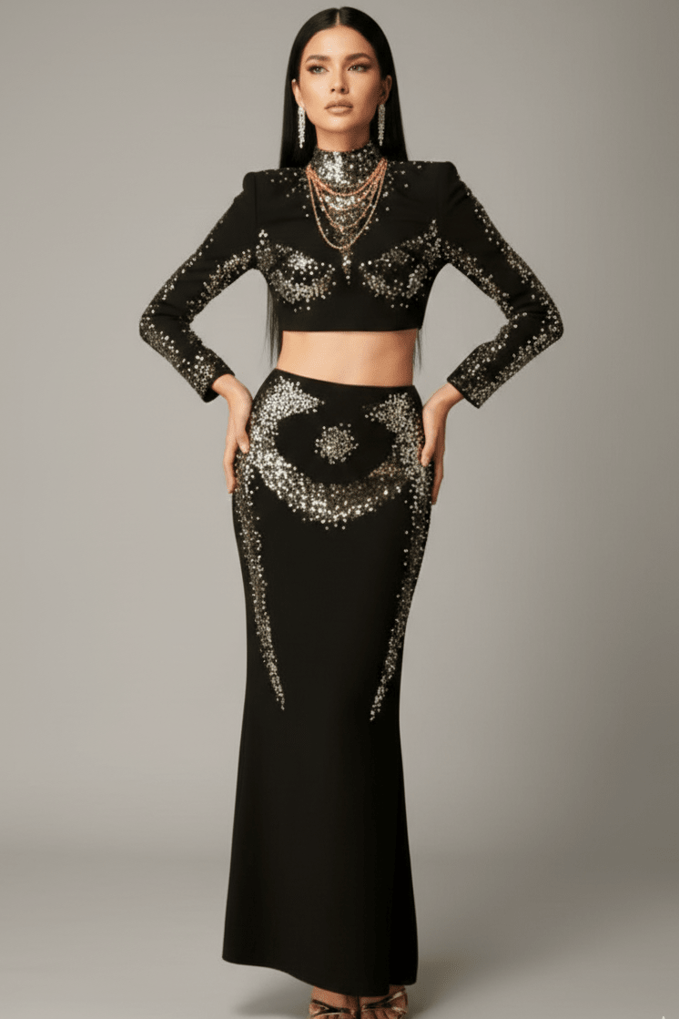 Gold Diamond Bandage Two - Piece Midi Evening SetBlackS(6)Luxe Lane