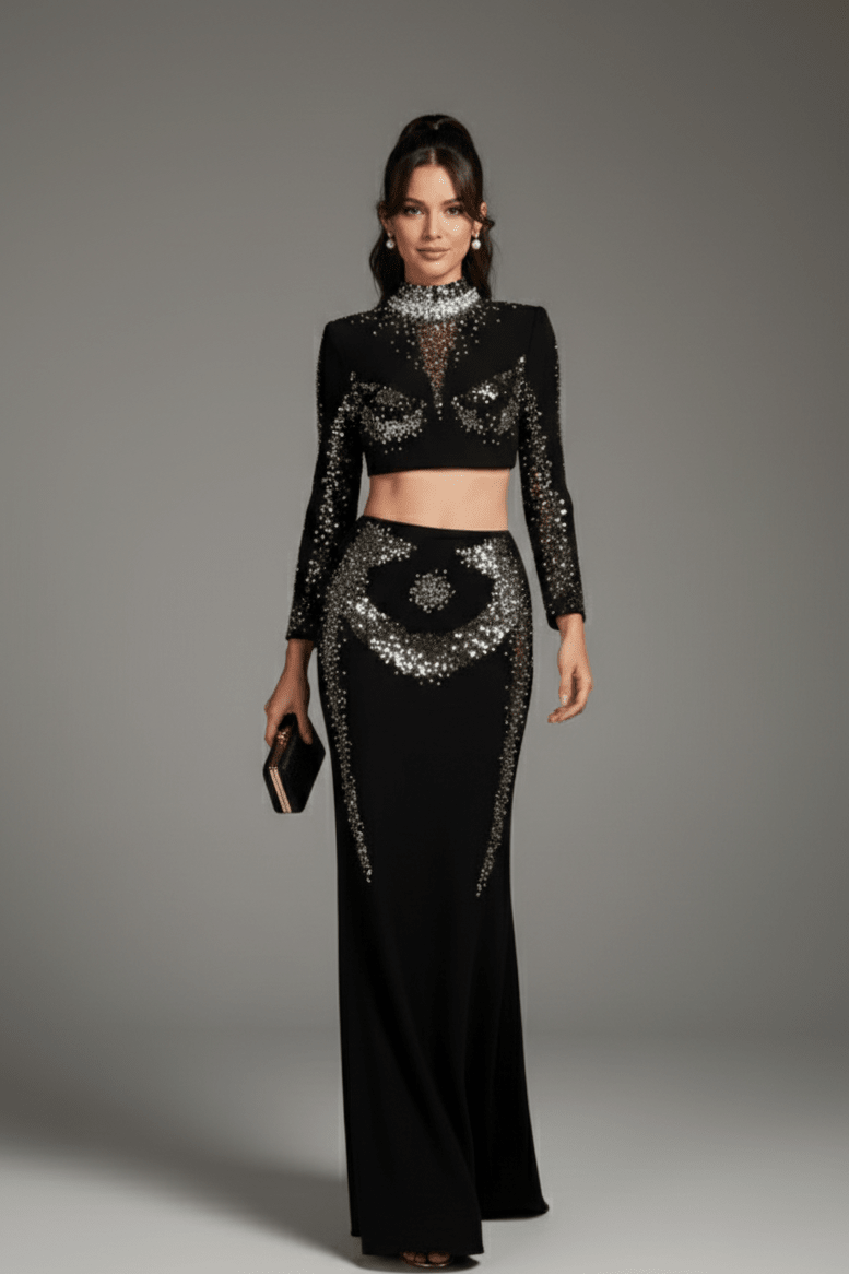 Gold Diamond Bandage Two - Piece Midi Evening SetBlackS(6)Luxe Lane