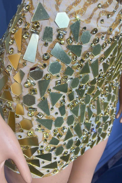 Gold Sequin Halter Mini Dress by Shine | Club Dresses from Luxe Lane | SKU: W11269-1 | Barcode:  | Options: Gold S(6) | Gold Sequin Mini Dress Women Sexy Halter Deep V Neck Sparkly Short Bodycon Club Outfit Glitter Backless Cocktail Party Clothing