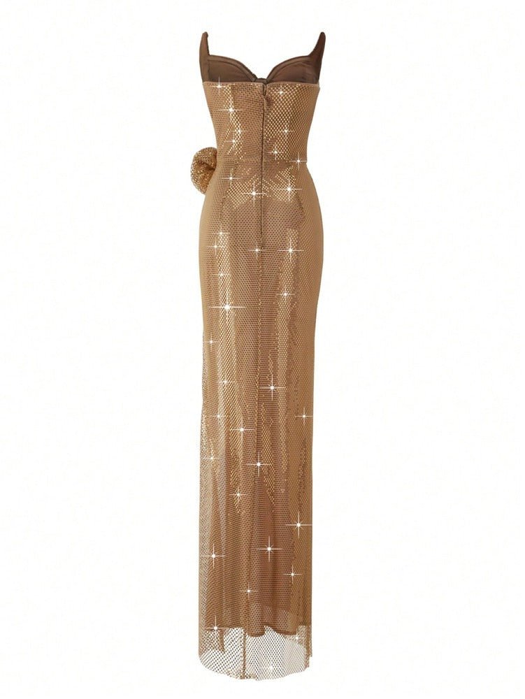 Gold Sequin Strapless Split Evening Gown by Luxe Lane | heath gown from Luxe Lane | SKU: W11468-1 | Barcode:  | Options: Gold S(6) | Gold Sequin Strapless Split Evening Gown