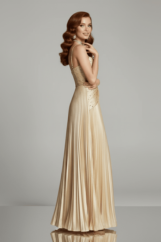 Golden Beaded Satin Floor - Length Evening Gown by Shine | dresses from Luxe Lane | SKU: 1688258-1 | Barcode:  | Options: Golden S(6) | Golden Beaded Satin Floor - Length Evening Gown