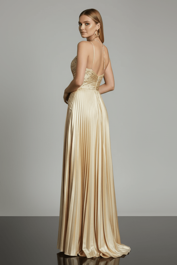 Golden Beaded Satin Floor - Length Evening Gown by Shine | dresses from Luxe Lane | SKU: 1688258-1 | Barcode:  | Options: Golden S(6) | Golden Beaded Satin Floor - Length Evening Gown