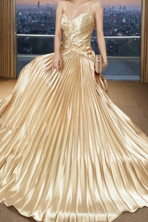 Golden Beaded Satin Floor - Length Evening Gown by Shine | dresses from Luxe Lane | SKU: 1688258-1 | Barcode:  | Options: Golden S(6) | 2025 Luxury Golden Party Dresses Elegant Long Beaded Formal Dress Gold Satin Evening Gowns for Women