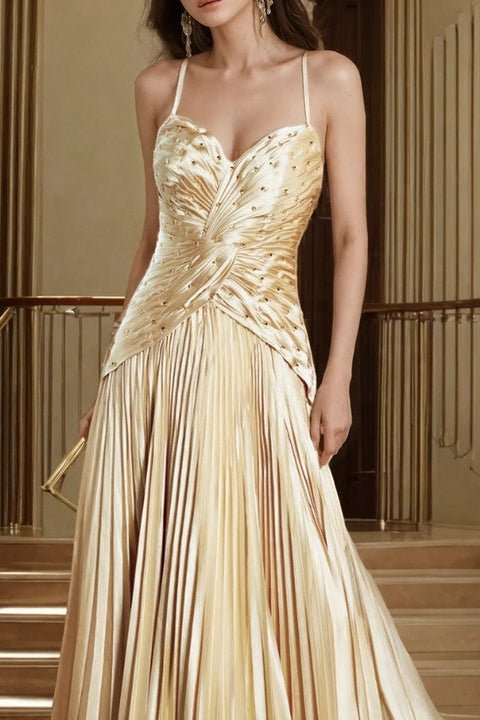 Golden Beaded Satin Floor - Length Evening Gown by Shine | dresses from Luxe Lane | SKU: 1688258-1 | Barcode:  | Options: Golden S(6) | 2025 Luxury Golden Party Dresses Elegant Long Beaded Formal Dress Gold Satin Evening Gowns for Women