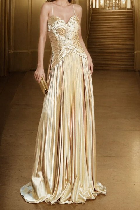 Golden Beaded Satin Floor - Length Evening Gown by Shine | dresses from Luxe Lane | SKU: 1688258-1 | Barcode:  | Options: Golden S(6) | 2025 Luxury Golden Party Dresses Elegant Long Beaded Formal Dress Gold Satin Evening Gowns for Women