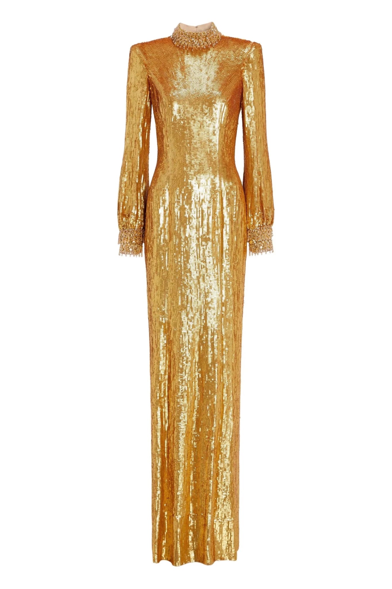 Golden Sequin Long Sleeve High - Neck Evening GownEvening GownGoldenS(6)Luxe Lane
