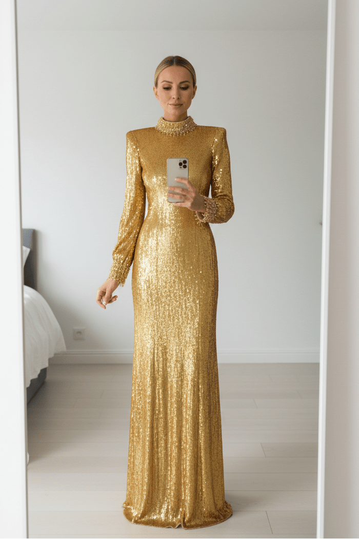 Golden Sequin Long Sleeve High - Neck Evening GownEvening GownGoldenS(6)Luxe Lane