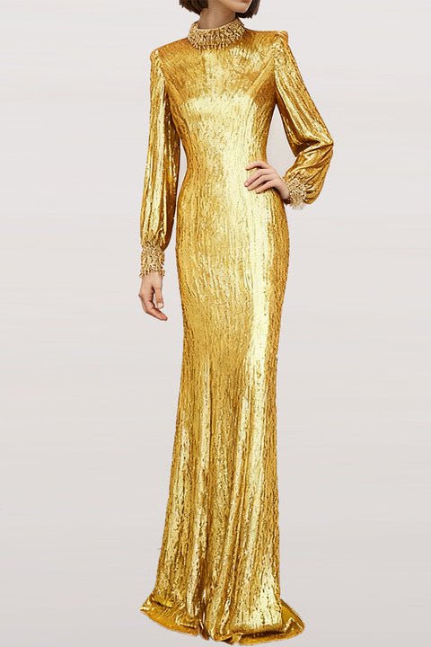 Golden Sequin Long Sleeve High - Neck Evening GownEvening GownGoldenS(6)Luxe Lane