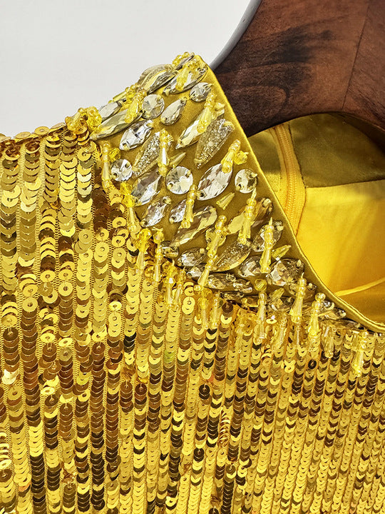 Golden Sequin Long Sleeve High - Neck Evening GownEvening GownGoldenS(6)Luxe Lane