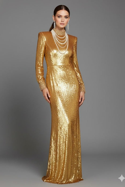 Golden Sequin Long Sleeve High - Neck Evening GownEvening GownGoldenS(6)Luxe Lane
