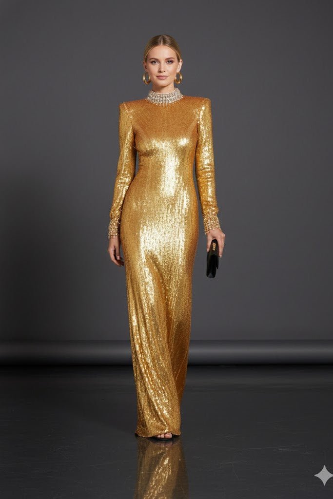 Golden Sequin Long Sleeve High - Neck Evening GownEvening GownGoldenS(6)Luxe Lane