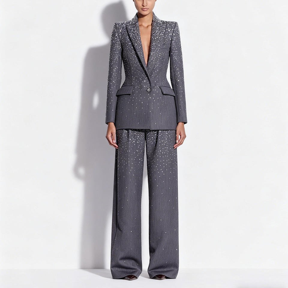 Grey Crystal Tailored Trouser SuitEvening DressesGrayS(2)Luxe Lane