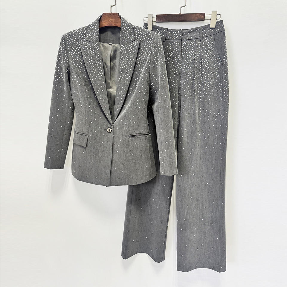 Grey Crystal Tailored Trouser SuitEvening DressesGrayS(2)Luxe Lane