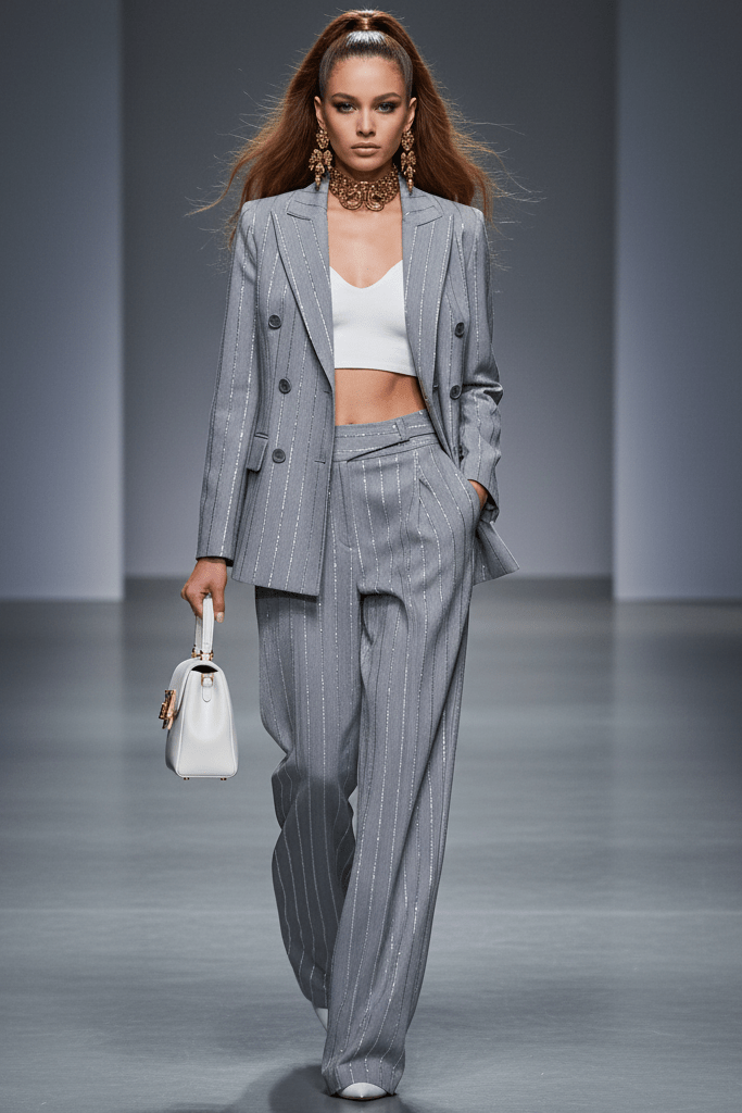 Grey Double - Breasted Blazer & Pants Set by Shine | 2 piece long set from Luxe Lane | SKU: 1688388-1 | Barcode:  | Options: Gray S(6) | Grey Double - Breasted Blazer & Pants Set