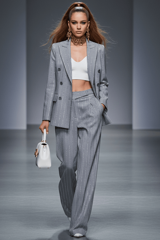 Grey Double - Breasted Blazer & Pants Set by Shine | 2 piece long set from Luxe Lane | SKU: 1688388-1 | Barcode:  | Options: Gray S(6) | Grey Double - Breasted Blazer & Pants Set