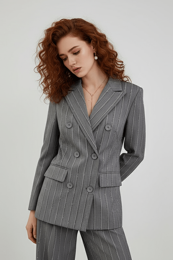 Grey Double - Breasted Blazer & Pants Set by Shine | 2 piece long set from Luxe Lane | SKU: 1688388-1 | Barcode:  | Options: Gray S(6) | Grey Double - Breasted Blazer & Pants Set