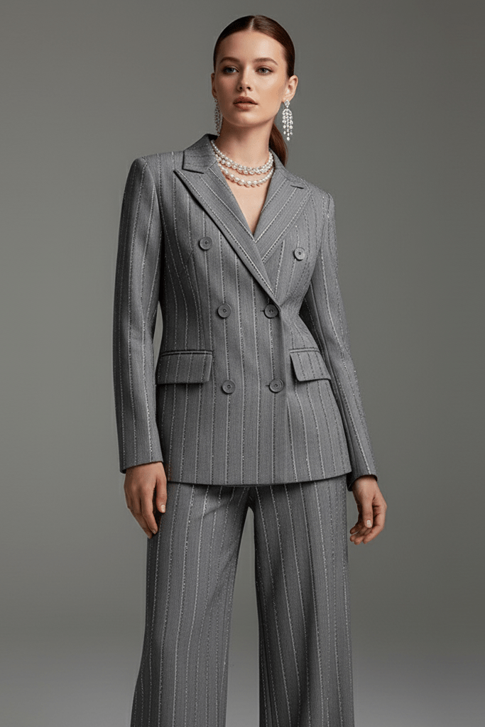 Grey Double - Breasted Blazer & Pants Set by Shine | 2 piece long set from Luxe Lane | SKU: 1688388-1 | Barcode:  | Options: Gray S(6) | Grey Double - Breasted Blazer & Pants Set