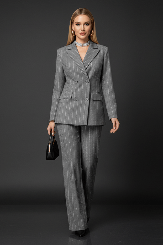 Grey Double - Breasted Blazer & Pants Set by Shine | 2 piece long set from Luxe Lane | SKU: 1688388-1 | Barcode:  | Options: Gray S(6) | Grey Double - Breasted Blazer & Pants Set