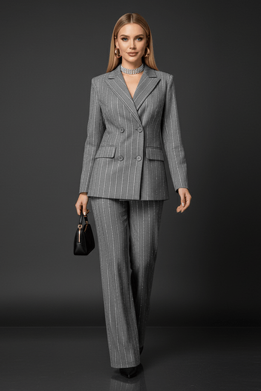 Grey Double - Breasted Blazer & Pants Set by Shine | 2 piece long set from Luxe Lane | SKU: 1688388-1 | Barcode:  | Options: Gray S(6) | Grey Double - Breasted Blazer & Pants Set