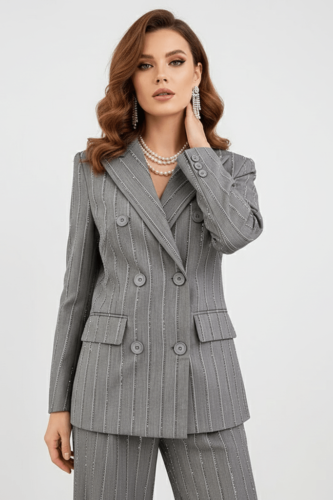 Grey Double - Breasted Blazer & Pants Set by Shine | 2 piece long set from Luxe Lane | SKU: 1688388-1 | Barcode:  | Options: Gray S(6) | Grey Double - Breasted Blazer & Pants Set