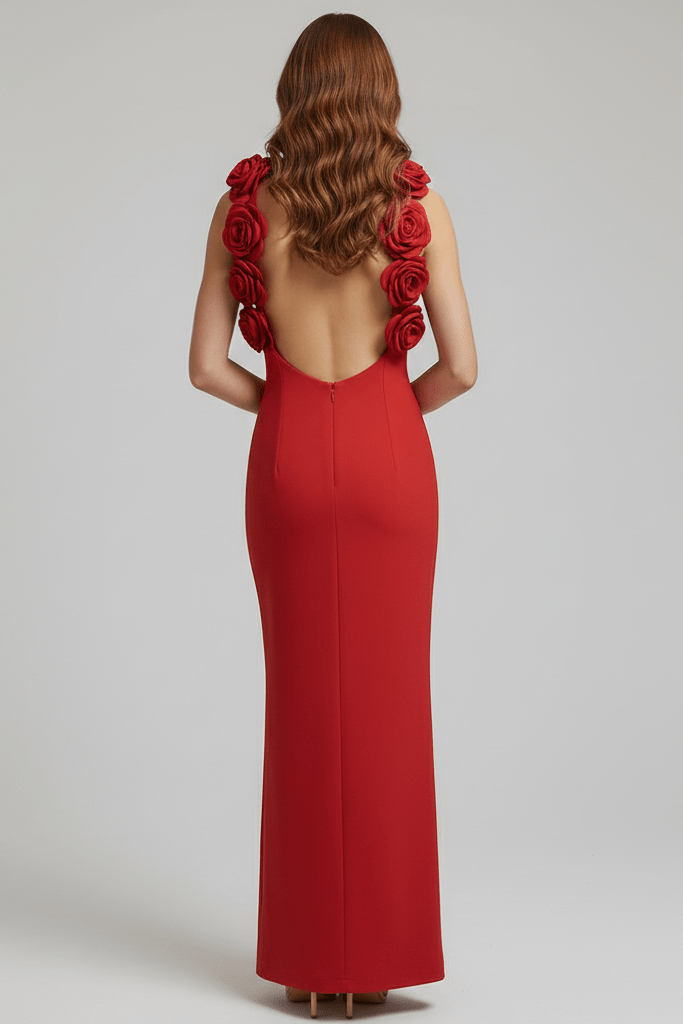 Halter Backless High - Slit Floral Bandage Dress by Luxe Lane | heath gown from Luxe Lane | SKU: -1 | Barcode:  | Options: Red S(6) | Red evening gown with floral shoulder details on a plain background
