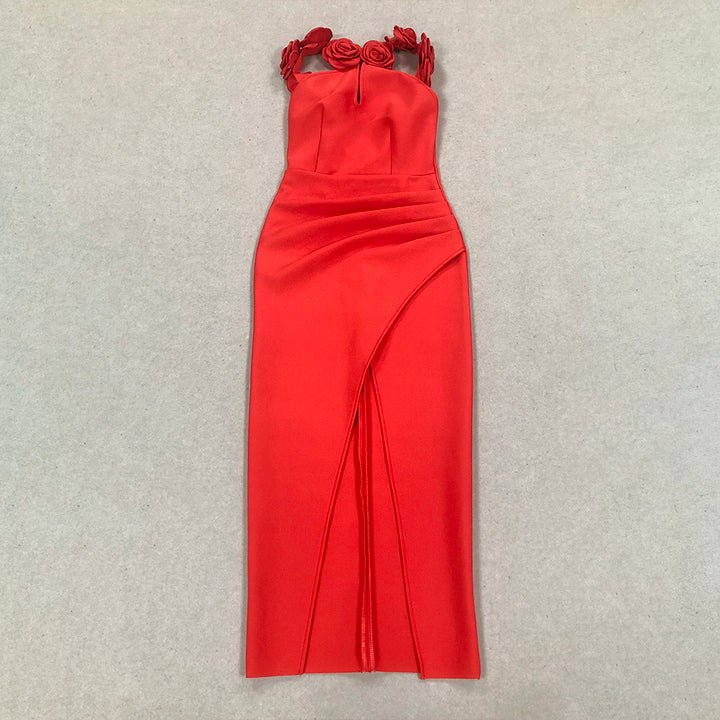 Halter Backless High - Slit Floral Bandage Dress by Luxe Lane | heath gown from Luxe Lane | SKU: -1 | Barcode:  | Options: Red S(6) | Custom Luxury 3D Flowers Halter Backless High Slit Evening Bandage Dresses Red Formal Dress for Women