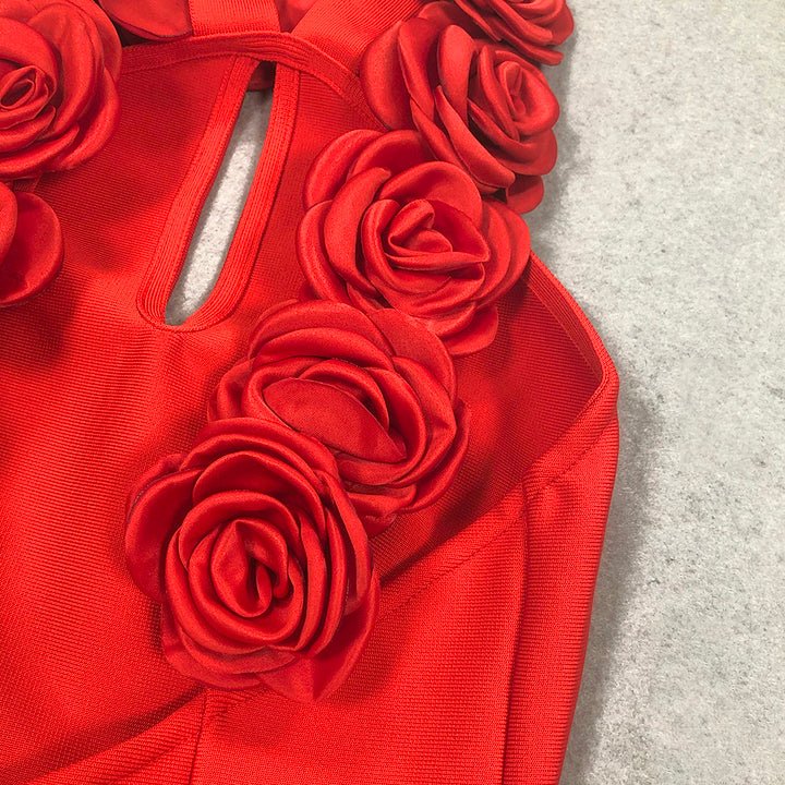 Halter Backless High - Slit Floral Bandage Dress by Luxe Lane | heath gown from Luxe Lane | SKU: -1 | Barcode:  | Options: Red S(6) | Custom Luxury 3D Flowers Halter Backless High Slit Evening Bandage Dresses Red Formal Dress for Women