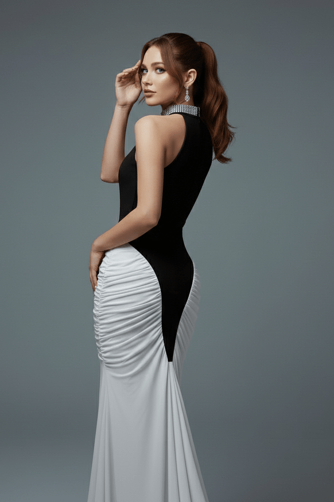 Halter Neck Ruched Bodycon Maxi Evening Dressmermaid gownWhiteS(6)Luxe Lane