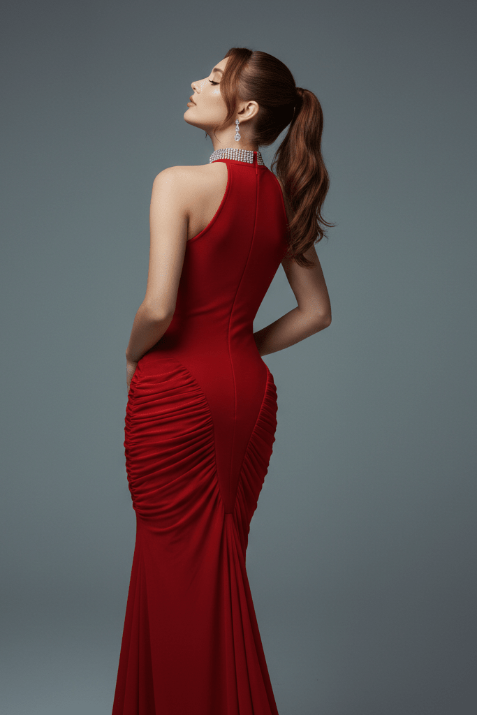 Halter Neck Ruched Bodycon Maxi Evening Dressmermaid gownWhiteS(6)Luxe Lane