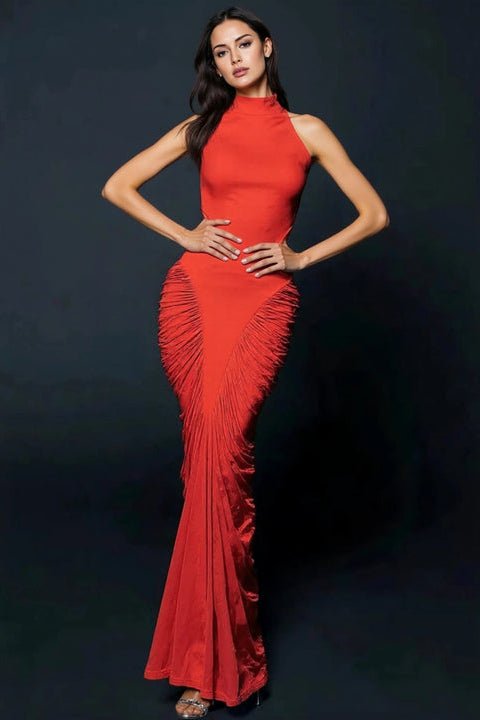 Halter Neck Ruched Bodycon Maxi Evening Dressmermaid gownWhiteS(6)Luxe Lane