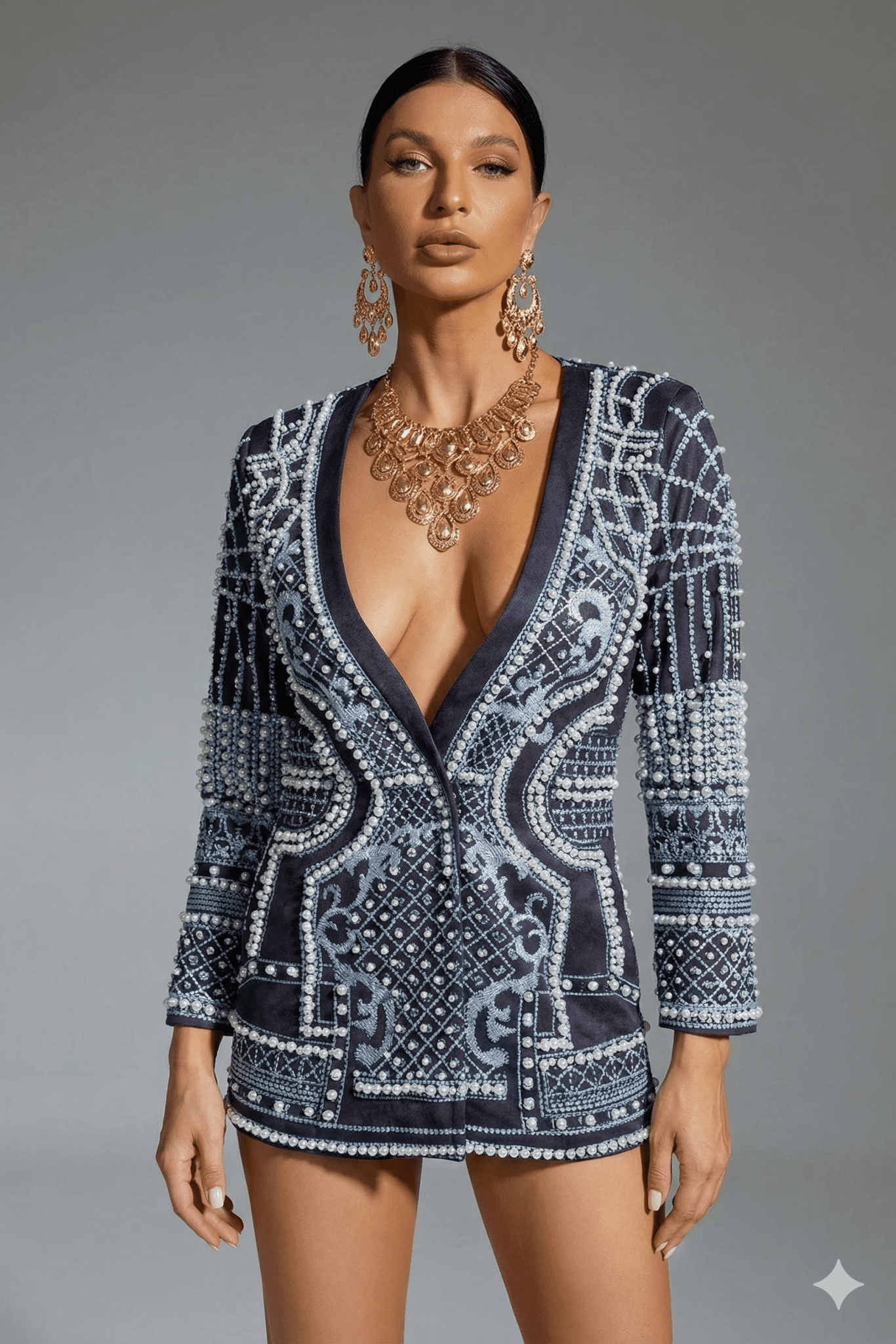 Halter Neck Sequin Mermaid Evening Gown by Shine | Blouson from Luxe Lane | SKU:  | Barcode:  | Options: White S(6) | Woman wearing a patterned dress with a plunging neckline and gold jewelry on a gray background