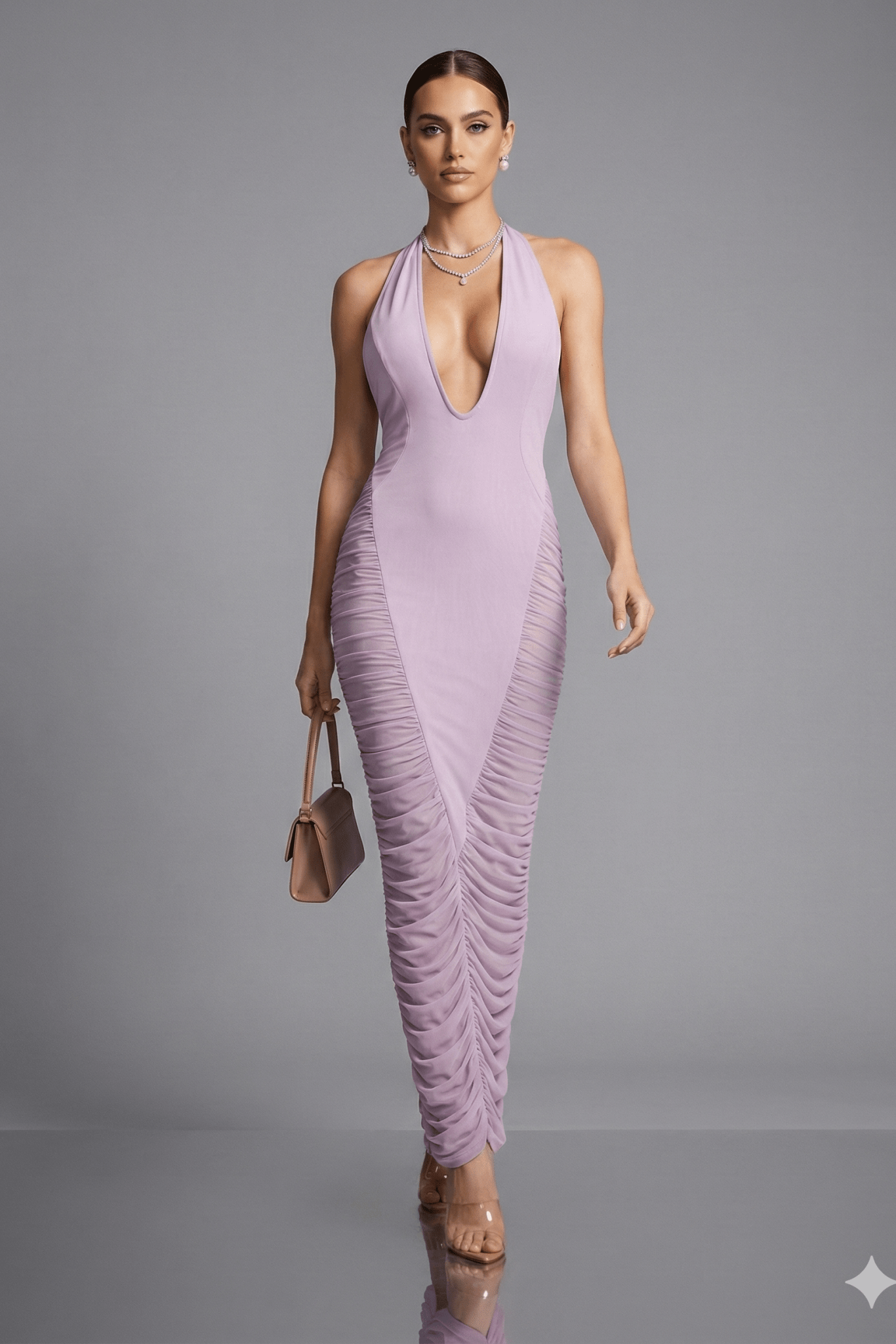Halter Ruched Bodycon Maxi Evening Dress by Luxe Lane | Dresses from Luxe Lane | SKU: -1 | Barcode:  | Options: Purple S(2) | Woman wearing a lavender halter neck dress with ruched details on a gray background